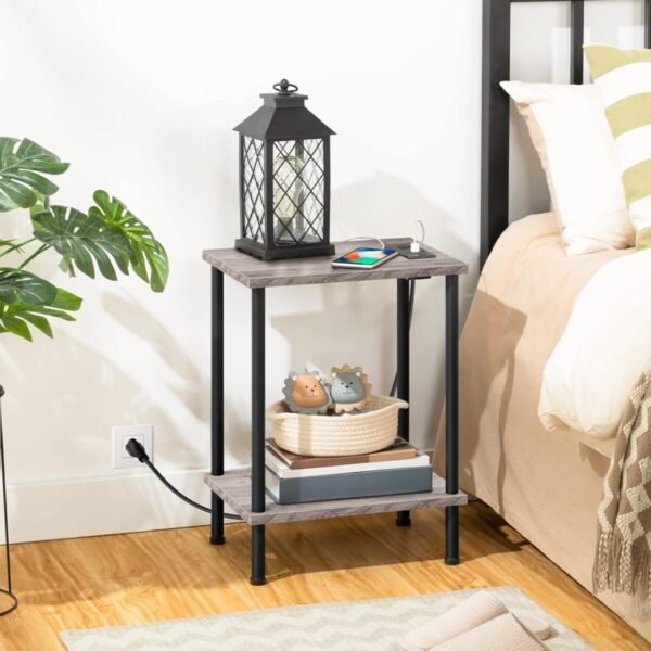 HOOBRO Set of 2 End Tables with Charging Station, Nightstand with 2-Layer Storage Shelves, Side Table for Small Spaces, Living Room, Bedroom, Stable Frame, Easy Assembly, Greige and Black BG09UBZP201 - Image 5