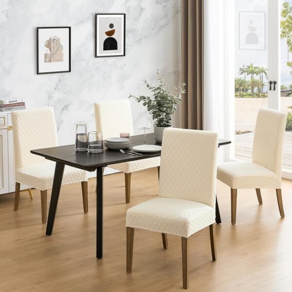 MOSAYT 100% Waterproof Dining Room Chair Covers Set of 4, Super Fit Stretch Jacquard Parson Chairs Slipcovers Removable Washable Chair Seat Protectors for Home, Kitchen, Banquet (Beige) - Image 2