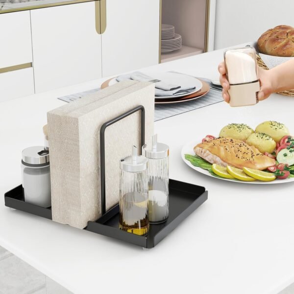 Napkin Holder for Table, Metal Napkin Holder with Salt and Pepper Shakers Caddy, Standing Paper Napkin Storage for Kitchen Dining Table Decor, Black - Image 5