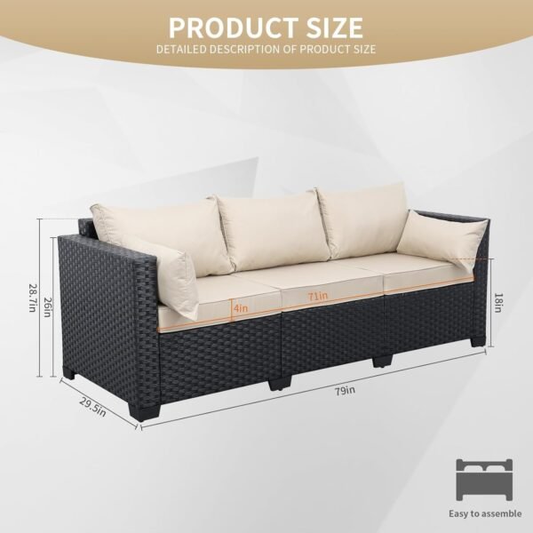 Valita 3-Seat Outdoor Rattan Sofa Patio Couch Black PE Wicker Loveseat Seating Furniture with Washable Khaki Cushions - Image 2