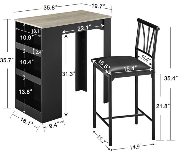 VECELO Small Bar Table and Chairs Tall Kitchen Breakfast Nook with Stools/Dining Set for 2, Storage Shelves, Space-Saving, Gray - Image 6