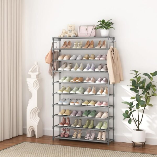 10 Tiers Shoe Rack 50 Pairs Large Capacity Tall Shoe Organizer Sturdy Shoe Storage with Two Hooks Space Saving Metal Wide Shoe Rack for Closet, Entryway, Bedroom, Grey - Image 7