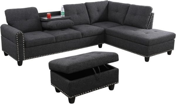 L Shaped Sectional Couches, Modular Sectional Sofa with Ottoman Storage, Nail-Head Design Lounge Sofa with Reversible Cup Holder for Living Room, Bedroom, Gray - Image 7