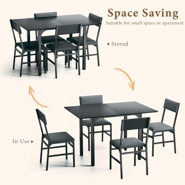 Dining Table Set for 4, Extendable Kitchen Table Cushion Chairs Set of 4, Rectangle Dining Table with Metal Frame & MDF Board, Folding for Small Apartment Saving Space, Black - Image 4
