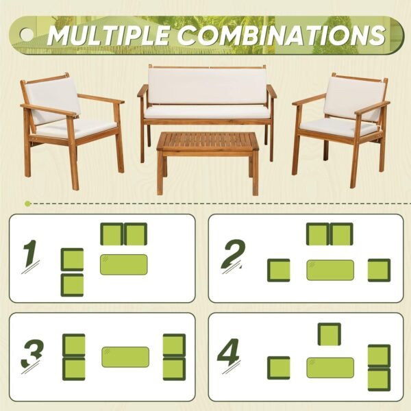 Flamaker Patio Furniture 4 Piece Outdoor Acacia Wood Patio Conversation Sofa Set with Table & Cushions Porch Furniture for Deck, Balcony, Backyard - Image 6