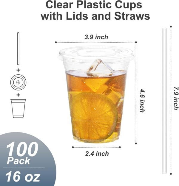 100 Pack - 16 oz Clear Plastic Cups with Lids and Straws, Sturdy & Food Safe Iced Coffee Cups with lids, Disposable Plastic Smoothie Cups for Cold Drinks - Image 2