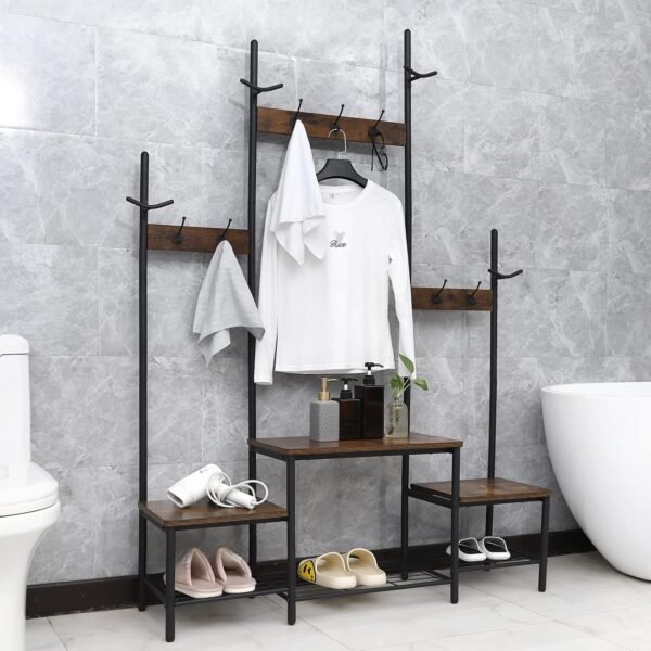 Parent-Child Hall Tree Entryway Bench with Coat Rack Sturdy Shoe Rack Storage, 3-in-1 Functional Hall Tree Industrial Rustic Wood Metal Furniture for Entrance (1+2 Rustic Brown + Black) - Image 3