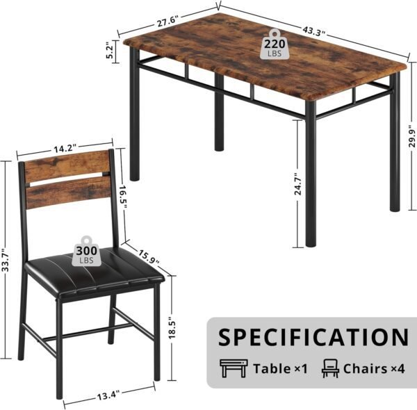 IRONCK Dining Table Set for 4, Wood Kitchen Table with Upholstered Chairs Dinning Table Set for Kitchen & Dining Room, Compact Dining Set for Small Spaces, Rustic Brown - Image 2