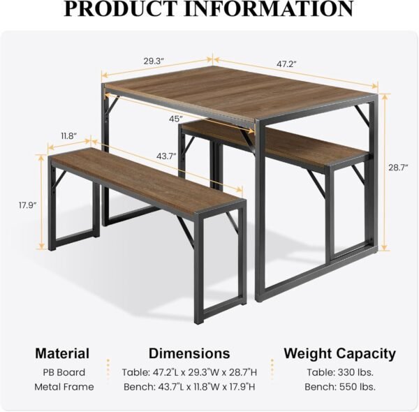 SHA CERLIN Kitchen Dining Table Set for 4 with Benches, Rustic Small Space Saving Dinette, Heavy Duty Metal Frame - Image 2