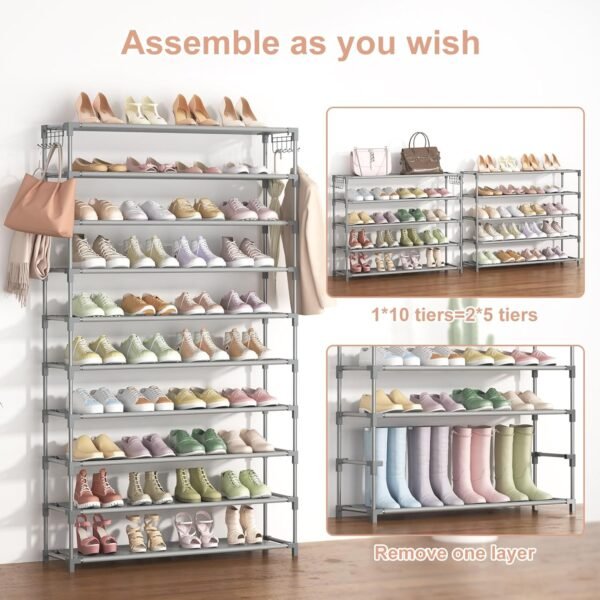10 Tiers Shoe Rack 50 Pairs Large Capacity Tall Shoe Organizer Sturdy Shoe Storage with Two Hooks Space Saving Metal Wide Shoe Rack for Closet, Entryway, Bedroom, Grey - Image 5