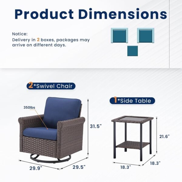 Patio Wicker Chairs Swivel Rocker, 2025 New Outdoor Swivel Rocking Chairs Set with Side Table, 3 PCS Patio Furniture Sets for Patio Deck Porch Pool (Blue, 3 PCS Side Table) - Image 9
