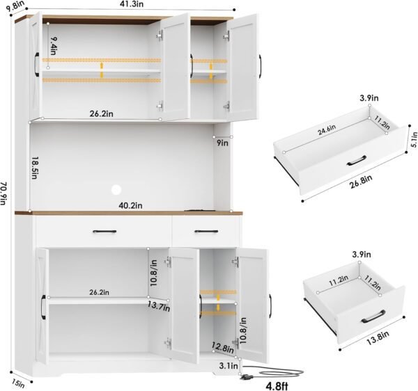 HOSTACK 71" Pantry Cabinet with Charging Station, Tall Kitchen Pantry Storage Cabinet with Microwave Stand, Farmhouse Kitchen Hutch Cabinet with Storage Drawers for Living Room, Dining Room, White - Image 3