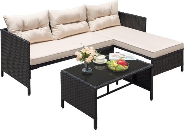 Greesum 3 Piece Patio Furniture Set Outdoor Wicker Rattan Sectional Sofa with Cushions & Coffee Table for Yard, Garden, Porch, Poolside, Light Beige - Image 2