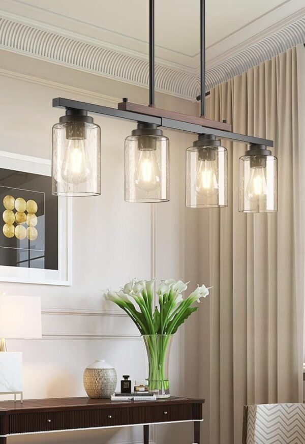 Amico Dining Room Light Fixture 4-Light Kitchen Island Lighting with Adjustable Rods, Farmhouse Decor Black Metal & Wood Chandelier with Seeded Glass Shade, Island Lights for Kitchen - Image 2