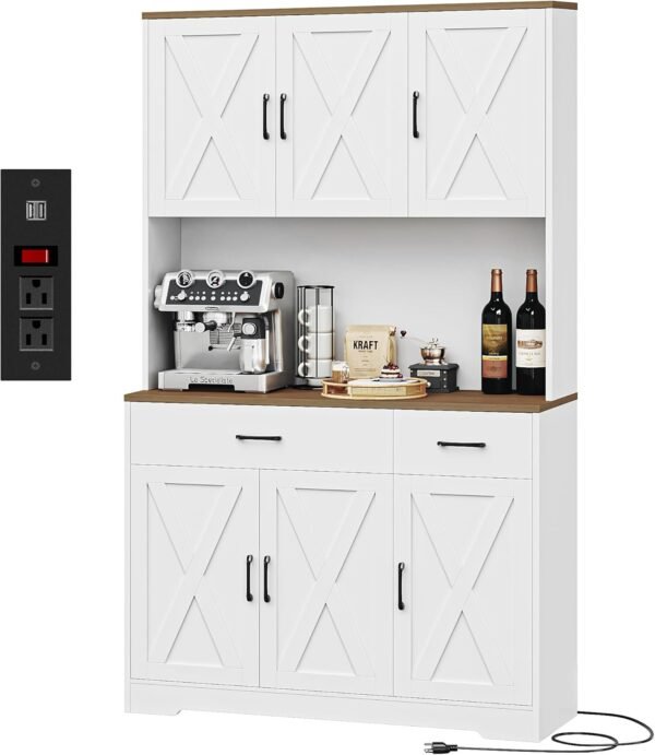 HOSTACK 71" Pantry Cabinet with Charging Station, Tall Kitchen Pantry Storage Cabinet with Microwave Stand, Farmhouse Kitchen Hutch Cabinet with Storage Drawers for Living Room, Dining Room, White