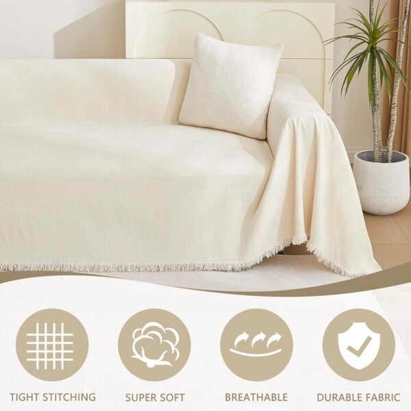 MYSKY HOME Boho Couch Cover Beige Sofa Covers with White Tassel Farmhouse Sofa Slipcover Simple Couch Protector for Dogs Chenille Sectional Couch Covers L Shaped Couch Cushion Covers, 91"x 134" - Image 2