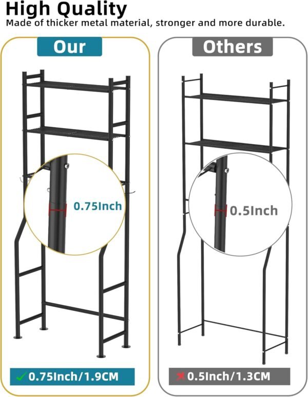 3-Tier Over The Toilet Storage, Freestanding Metal Bathroom Shelves with 4 Hooks, Over Toilet Storage Shelf with Paper Holder, Above The Toilet Shelf for Bathroom Storage, Black - Image 6