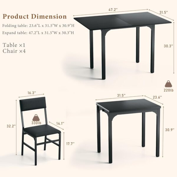 Dining Table Set for 4, Extendable Kitchen Table Cushion Chairs Set of 4, Rectangle Dining Table with Metal Frame & MDF Board, Folding for Small Apartment Saving Space, Black - Image 5