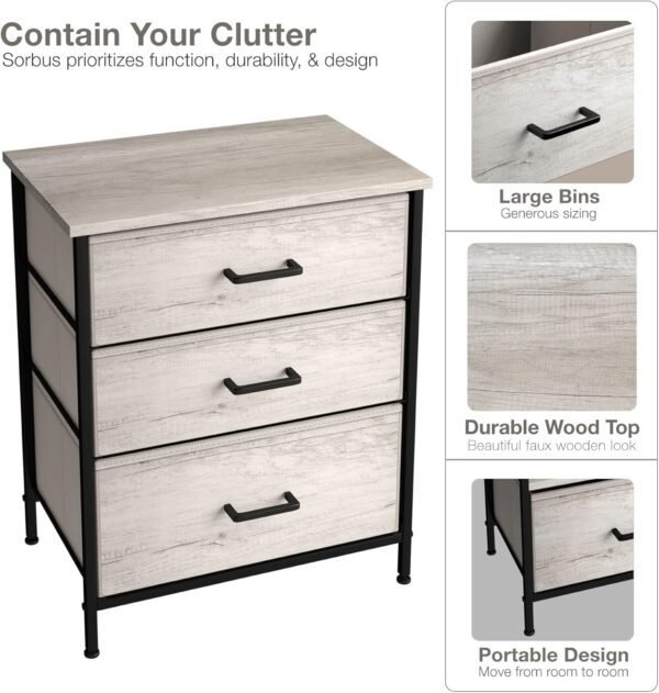 Sorbus Nightstand Dresser with 3 Faux Wood Drawers - Bedside Table Chest with Storage, Steel Frame, Wood Top, Easy Pull Fabric Bins for Bedroom, Living Room, Closet & Dorm Furniture Lamp Stand - Image 4