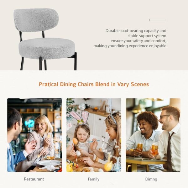 Sweetcrispy Dining Chairs Set of 4, Boucle Upholstered Modern Mid Century Round Kitchen Chairs with Curved Backrest & Metal Legs for Vanity, Living Room - Grey - Image 6