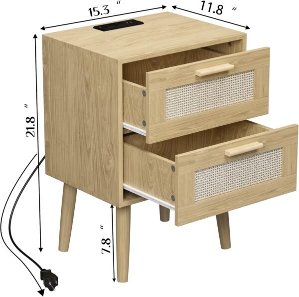 Nightstand with Charging Station,Rattan Night Stand with Solid Wood Legs, Bedside Table with USB Ports & Outlets, End Table for Bedroom (Bohemian, Natural Wood) - Image 2
