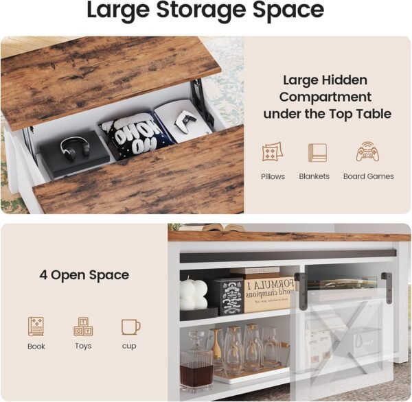 SEDETA 31.5" Lift Top Coffee Table with Storage, Square Coffee Table for Living Room, Farmhouse Coffee Table with Large Hidden Storage Compartment and Adjustable Shelves, White - Image 7