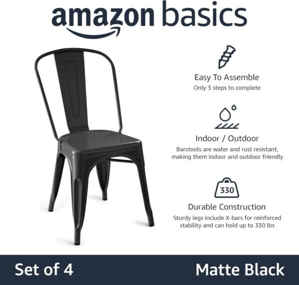 Amazon Basics Metal Dining Chairs, Easy to Assemble, Sturdy, 4 Pack, 20.1" D x 17.1" W x 33.5" H, Matte Black - Image 4