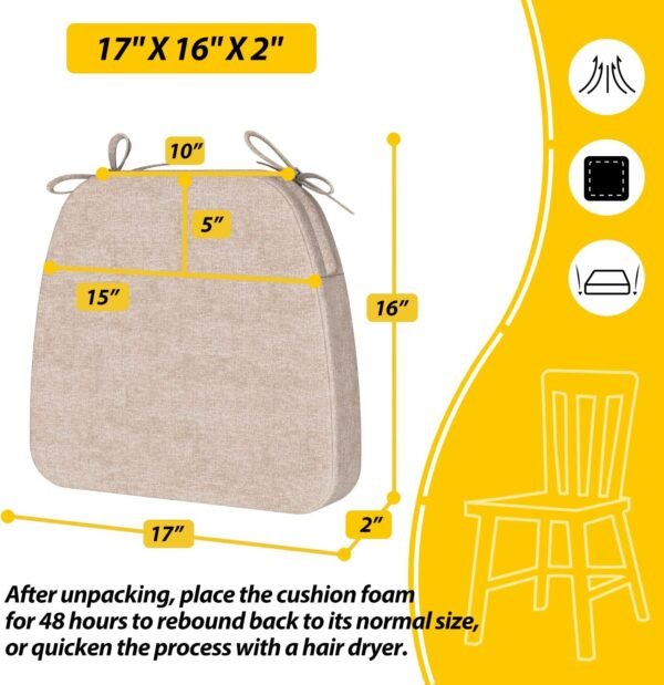 AAAAAcessories D-Shaped 2'' Thick Chair Cushions, Removable, Machine Washable Cover and Ties, Chair Pads for Indoor Dining Room and Kitchen Chairs, 17'' x 16'', Set of 4, Beige - Image 2