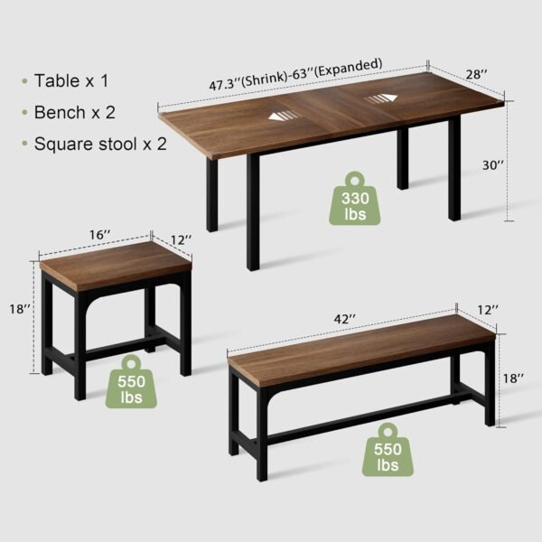 Feonase 5-Piece Dining Table Set for 4-8 People, 63" Extendable Kitchen Table Set with 2 Benches and 2 Square Stools, Dining Room Table with Heavy-Duty Frame, Easy Assembly, Walnut - Image 2
