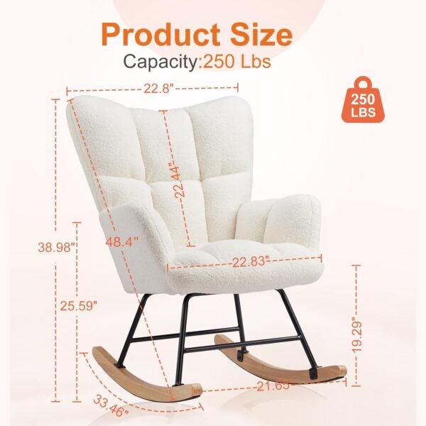 Sweetcrispy Rocking Chair Nursery, Teddy Upholstered Glider Rocker with High Backrest, Reading Chair Modern Rocking Accent Chairs Glider Recliner for Living Room, Nursery, Bedroom - Image 2