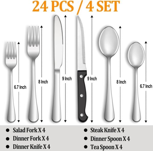 24 Pcs Silverware Set with Steak Knives Service for 4,Stainless Steel Flatware Set,Mirror Polished Cutlery Utensil Set,Home Kitchen Eating Tableware Set,Include Fork Knife Spoon Set,Dishwasher Safe - Image 2