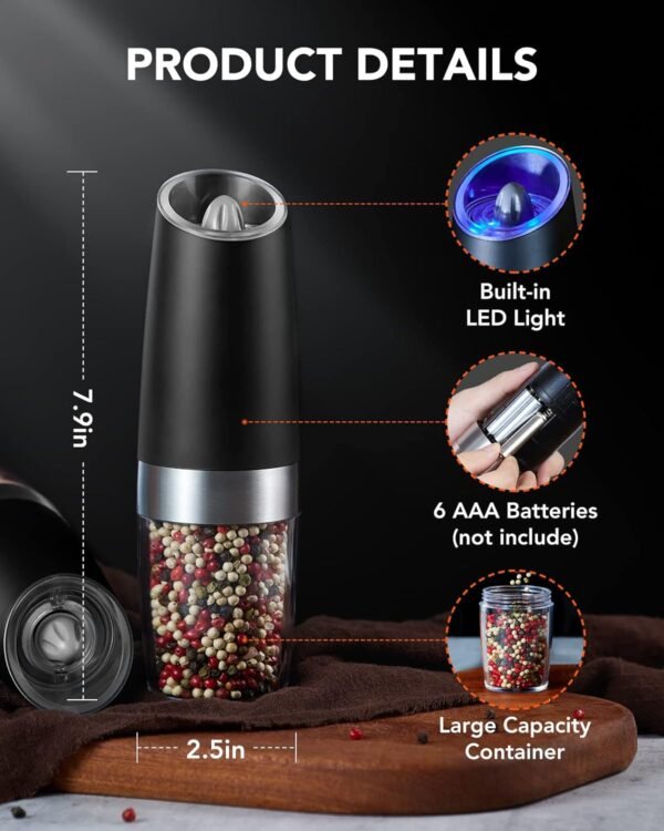 FORLIM Gravity Electric Salt and Pepper Grinder Set, Automatic Pepper Mill Grinder, Battery Powered Adjustable Coarseness with LED Light, One Hand Operation Premium Kitchen Gadget for Spices (Black) - Image 4