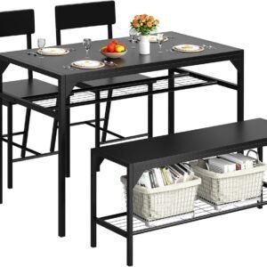 Shintenchi Kitchen Table Chairs Set of 4, Dining Table Set for 4 with Bench and Chairs, 4 Pieces Kitchen Table Set with Storage Rack & Metal Frame for Small Space, Black