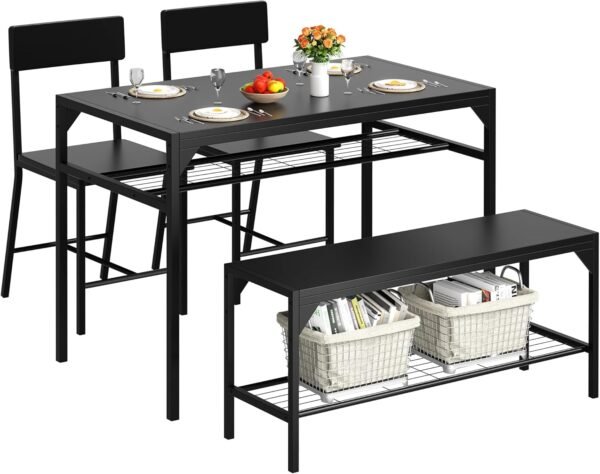 Shintenchi Kitchen Table Chairs Set of 4, Dining Table Set for 4 with Bench and Chairs, 4 Pieces Kitchen Table Set with Storage Rack & Metal Frame for Small Space, Black