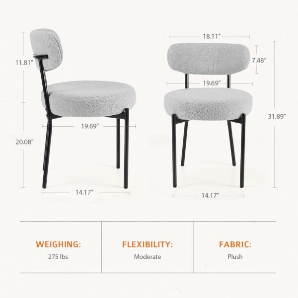 Sweetcrispy Dining Chairs Set of 4, Boucle Upholstered Modern Mid Century Round Kitchen Chairs with Curved Backrest & Metal Legs for Vanity, Living Room - Grey - Image 2