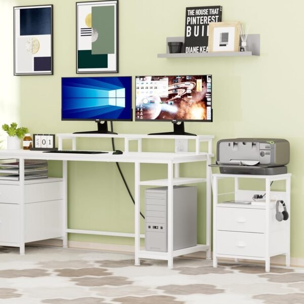 Furologee End Table with Charging Station, Nightstand with Fabric Drawers, Side Tables with USB Ports & Outlets, Night Stand with Storage Shelf & Hooks, for Living Room/Bedroom, White - Image 8
