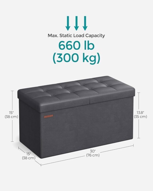SONGMICS MAZIE Collection - 30 Inches Storage Ottoman Bench with Flipping Lid, Storage Chest Footstool, Load 660 lb, for Entryway, Living Room, Bedroom, Synthetic Leather, Dark Gray ULSF045G01 - Image 3