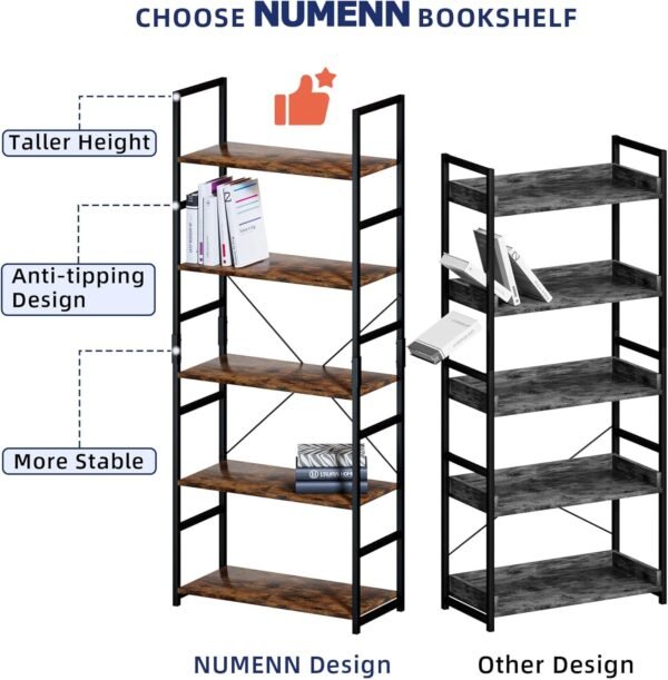 NUMENN 5 Tier Bookshelf, Tall Bookcase Shelf Storage Organizer, Modern Book Shelf for Bedroom, Living Room and Home Office, Vintage - Image 7