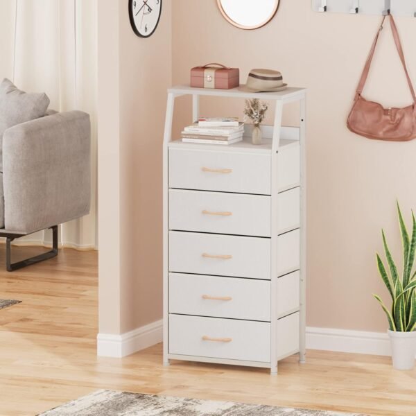 Furnulem White Dresser with 5 Drawers, Vertical Storage Tower Fabric Dresser for Bedroom, Hallway, Entryway, Nursery, Closet Organizer, Nightstand Bedside Table Furniture, Sturdy Steel Frame, Wood Top - Image 8