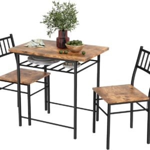 HOMCOM 3-Piece Dining Table Set for 2, Small Kitchen Table and Chairs with Built-in Storage Rack and Steel Frame, for Breakfast Nook and Small Space, Rustic Brown