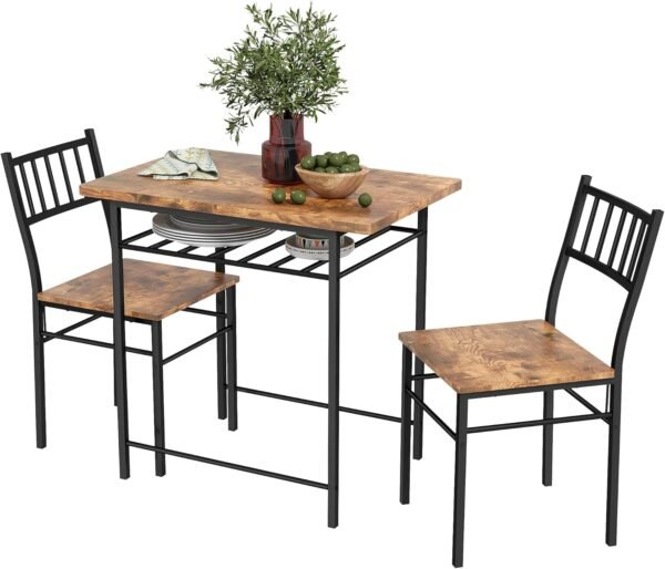 HOMCOM 3-Piece Dining Table Set for 2, Small Kitchen Table and Chairs with Built-in Storage Rack and Steel Frame, for Breakfast Nook and Small Space, Rustic Brown