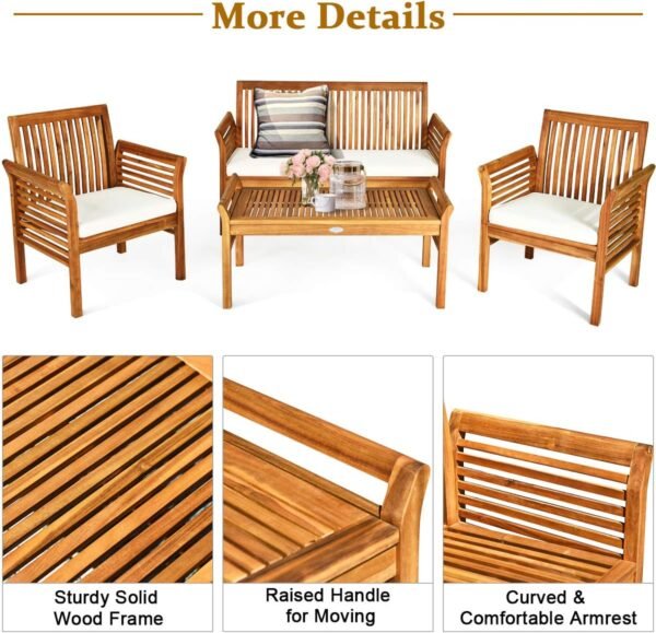 Tangkula 4 Piece Outdoor Acacia Wood Sofa Set with Water Resistant Cushions, Padded Patio Conversation Table Chair Set w/Coffee Table for Garden, Backyard, Poolside (1) - Image 9