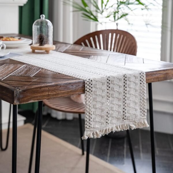 Alynsehom Macrame Table Runner Cream Beige Boho Table Runners with Tassels Hand Woven Cotton Table Runner Rustic Farmhouse Table Runners for Bohemian Kitchen Dining Table(12x71in) - Image 3