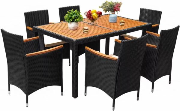 Flamaker 7 Piece Patio Dining Set Outdoor Acacia Wood Table and Chairs with Soft Cushions Wicker Patio Furniture for Deck, Backyard, Garden