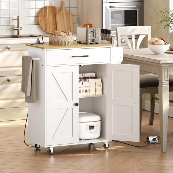 HOOBRO Kitchen Island with Power Outlet, Kitchen Storage Island with Large Worktop, Spice Rack and Drawer, Rolling Kitchen Cart on Wheels, for Kitchen and Dining Room, White and Natural - Image 4