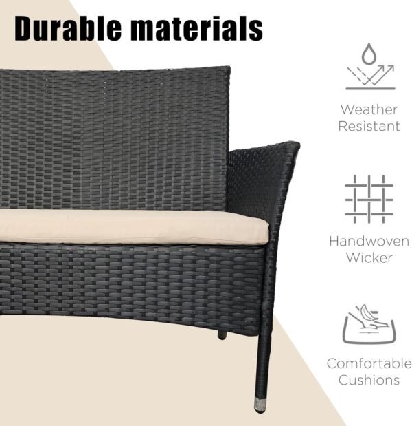 4 Piece Patio Furniture Set, Outdoor Patio Furniture Set with Soft Cushion and Glass Table Rattan Patio Chairs Conversation Sets with Sofa for Porch, Balconies, Lawns (Black and Beige) - Image 4