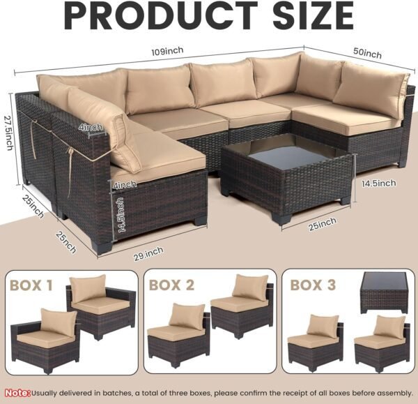 LEVELEVE 7 Pieces Outdoor Patio Furniture Sets,Rattan Conversation Sectional Set,Manual Weaving Wicker Patio Sofa with Tea Table - Image 7
