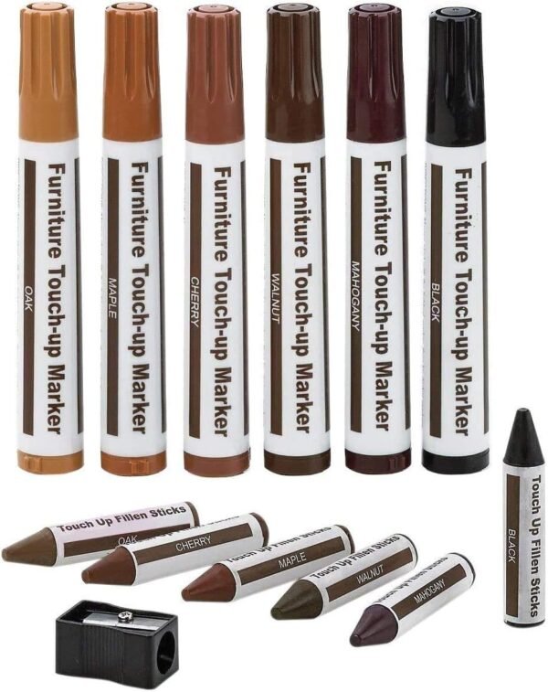 Furniture Repair Kit Wood Markers - Set of 13 - Markers and Wax Sticks with Sharpener Kit, for Stains, Scratches, Wood Floors, Tables, Desks, Carpenters, Bedposts, Touch Ups, and Cover Ups