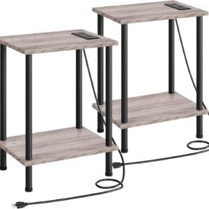 HOOBRO Set of 2 End Tables with Charging Station, Nightstand with 2-Layer Storage Shelves, Side Table for Small Spaces, Living Room, Bedroom, Stable Frame, Easy Assembly, Greige and Black BG09UBZP201