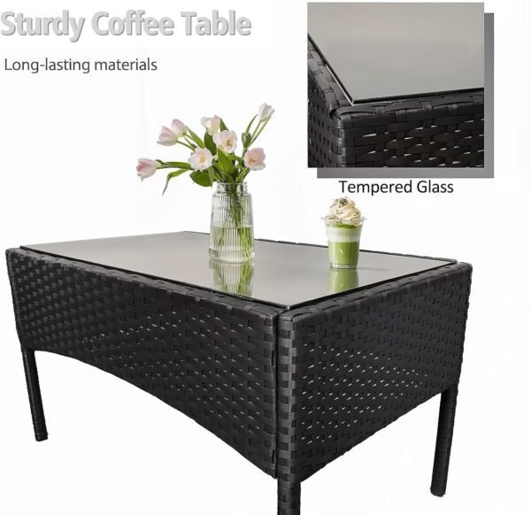4 Piece Patio Furniture Set, Outdoor Patio Furniture Set with Soft Cushion and Glass Table Rattan Patio Chairs Conversation Sets with Sofa for Porch, Balconies, Lawns (Black and Beige) - Image 3